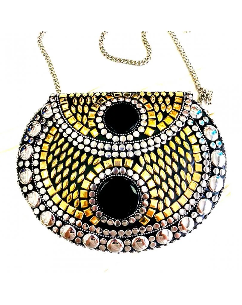 BOLSOS FIESTA DORADOS Y PLATEADOS COFRE DECORADO CON NEGRO