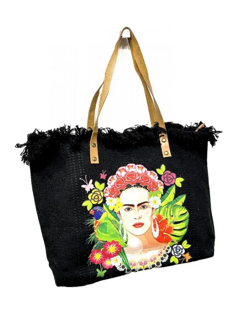 BOLSOS NEGROS GRANDES CON FRIDA TROPICAL CON GRAN CAPACIDAD