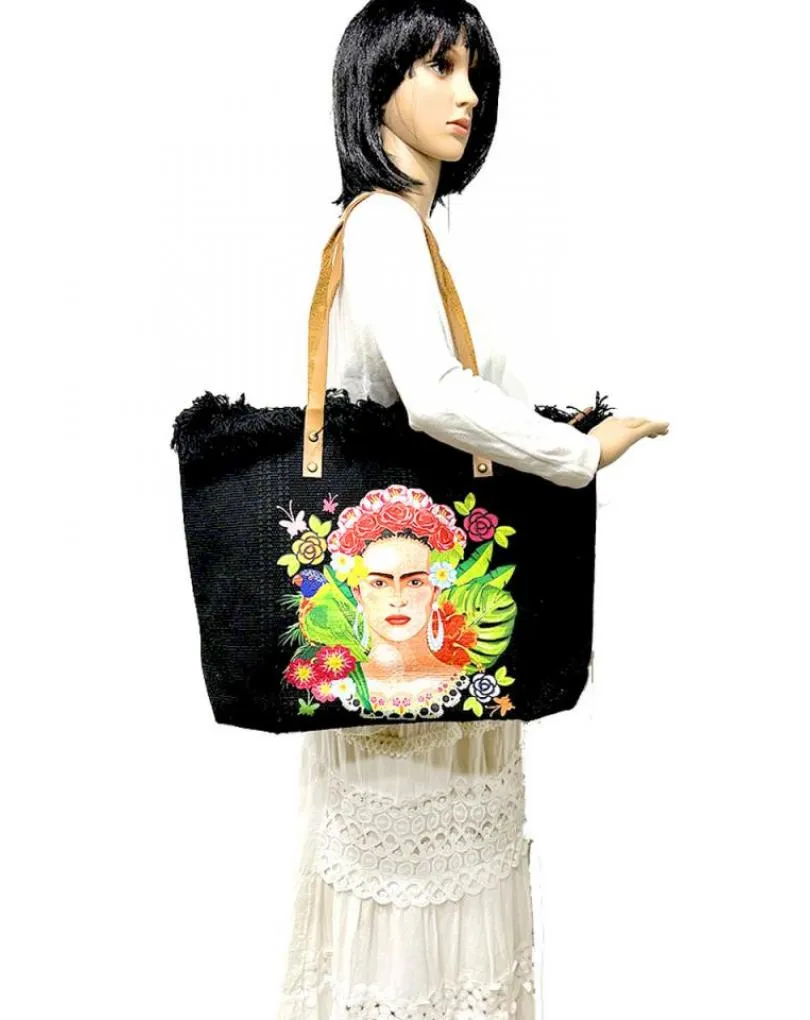 BOLSOS NEGROS GRANDES CON FRIDA TROPICAL CON GRAN CAPACIDAD