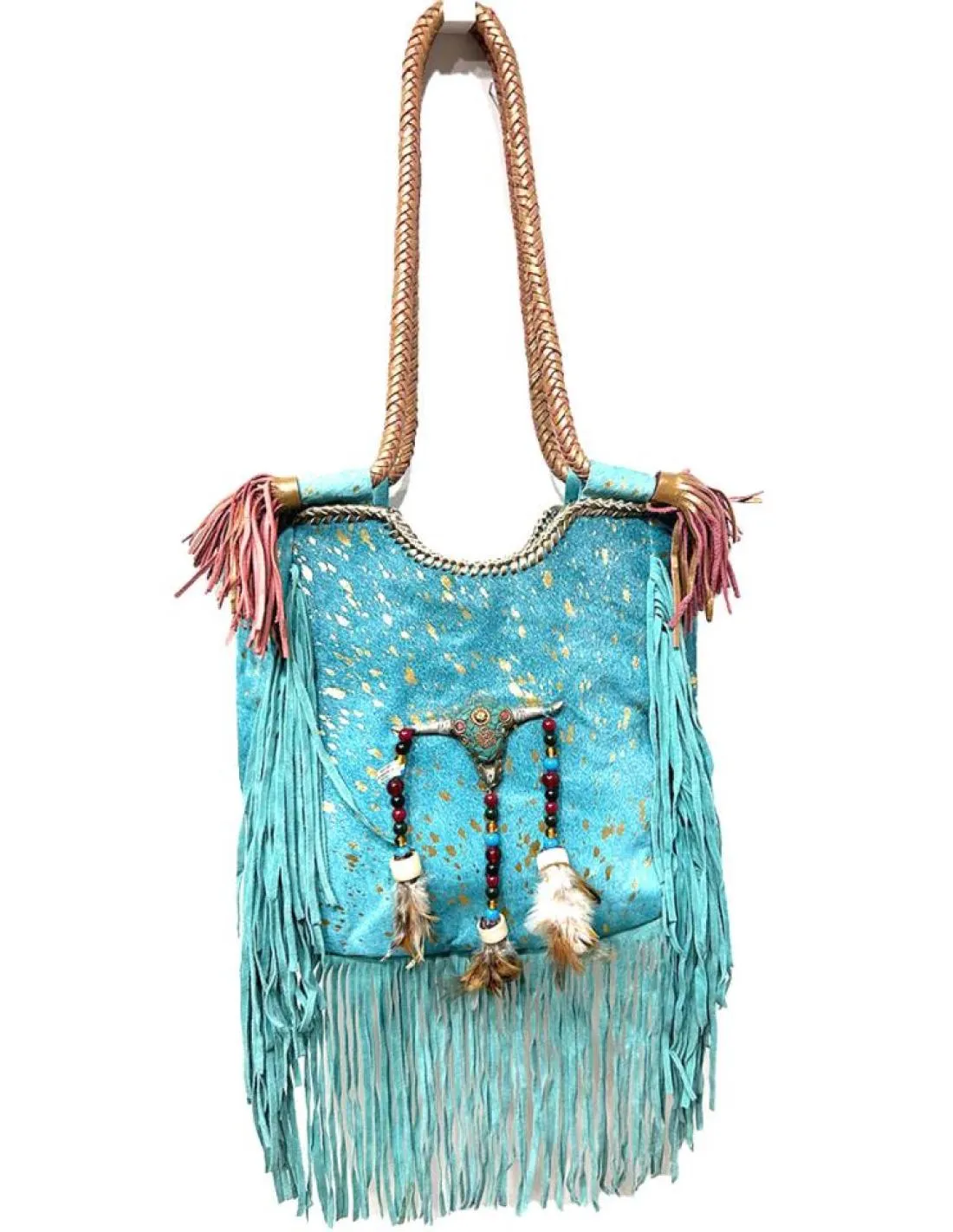 BOLSOS PIEL AZULES TURQUESAS ESTILO BOHO CHIC CON FLECOS