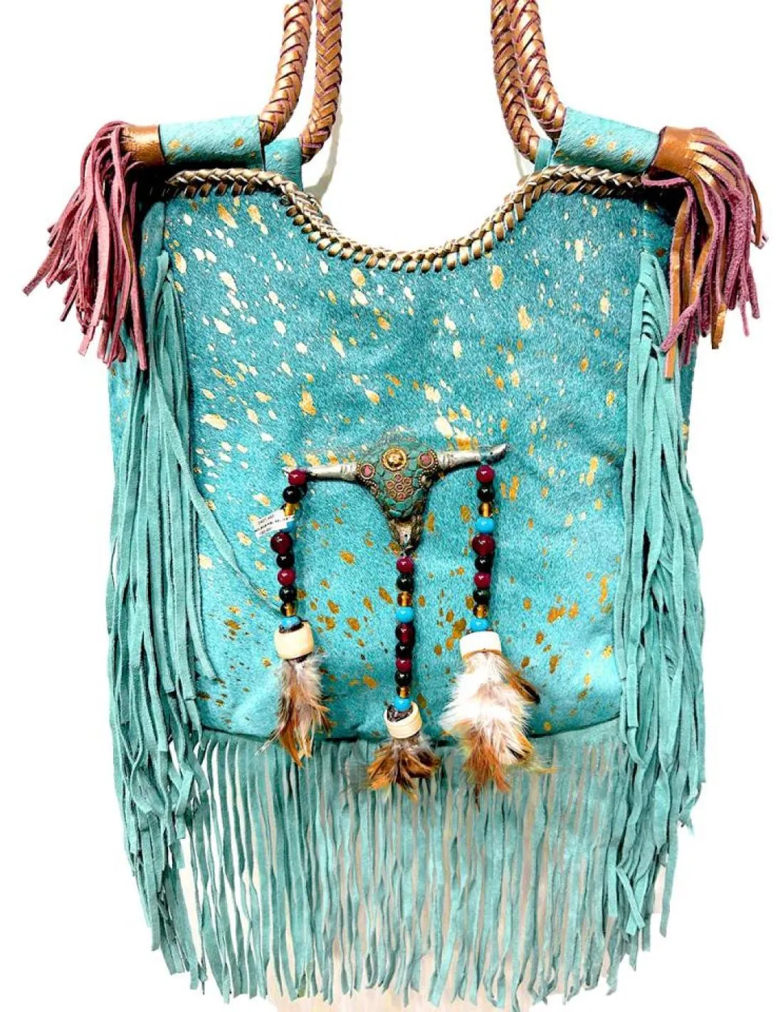 BOLSOS PIEL AZULES TURQUESAS ESTILO BOHO CHIC CON FLECOS