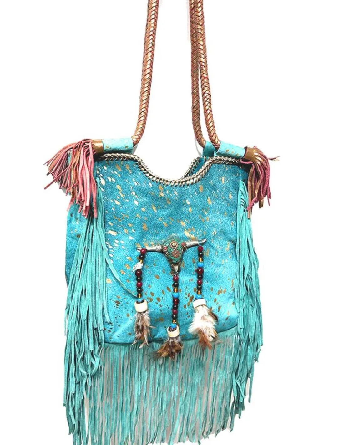 BOLSOS PIEL AZULES TURQUESAS ESTILO BOHO CHIC CON FLECOS