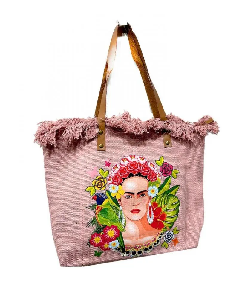 BOLSOS ROSAS GRANDES CON FRIDA TROPICAL CON GRAN CAPACIDAD