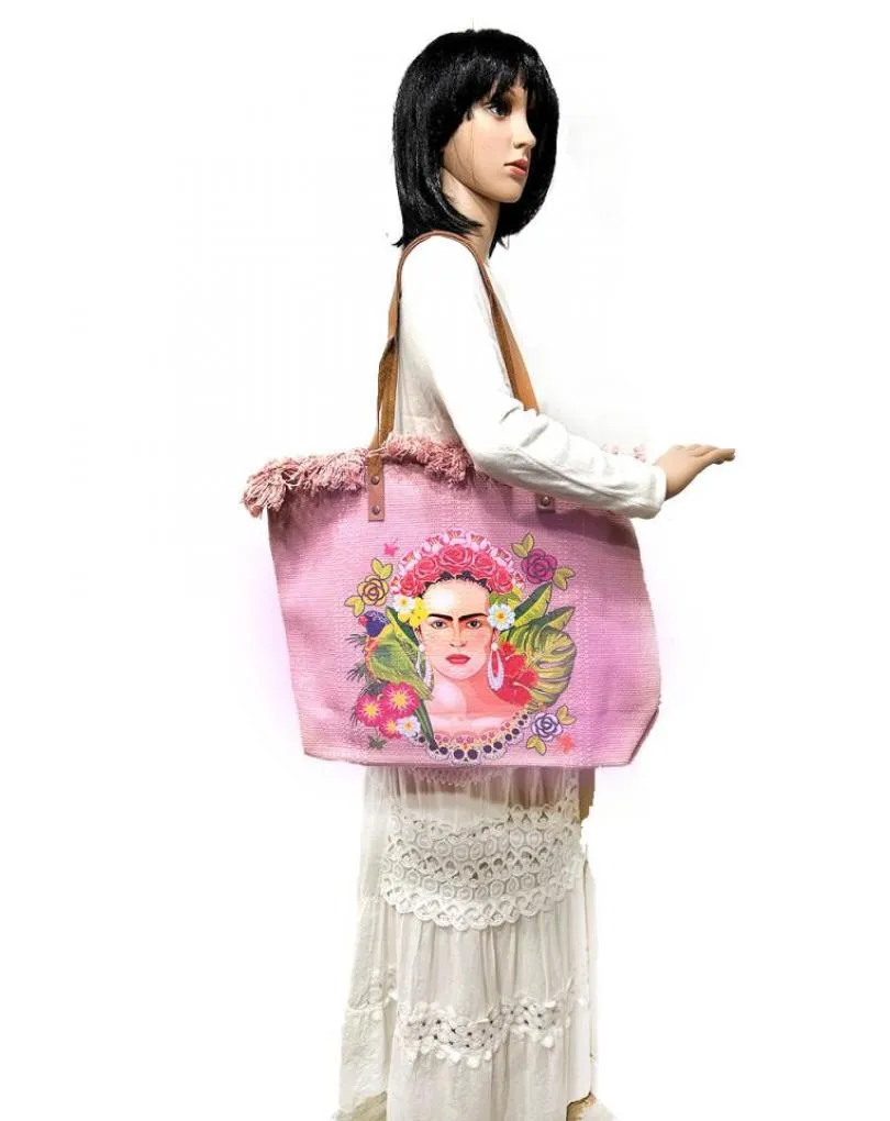 BOLSOS ROSAS GRANDES CON FRIDA TROPICAL CON GRAN CAPACIDAD