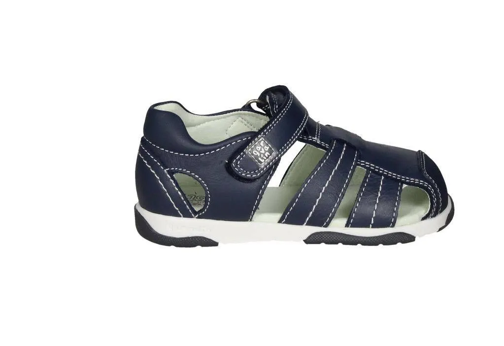 Bota Sandalia Velcro Piel Azul Pespuntes Blanco