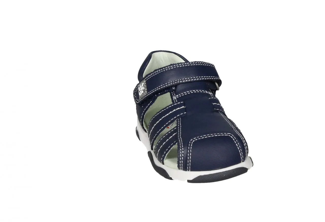 Bota Sandalia Velcro Piel Azul Pespuntes Blanco