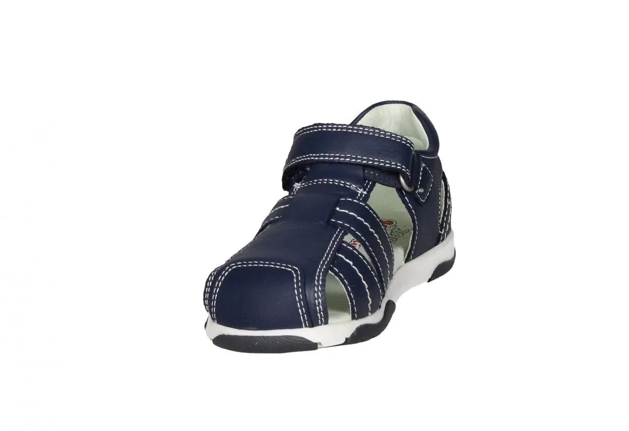 Bota Sandalia Velcro Piel Azul Pespuntes Blanco