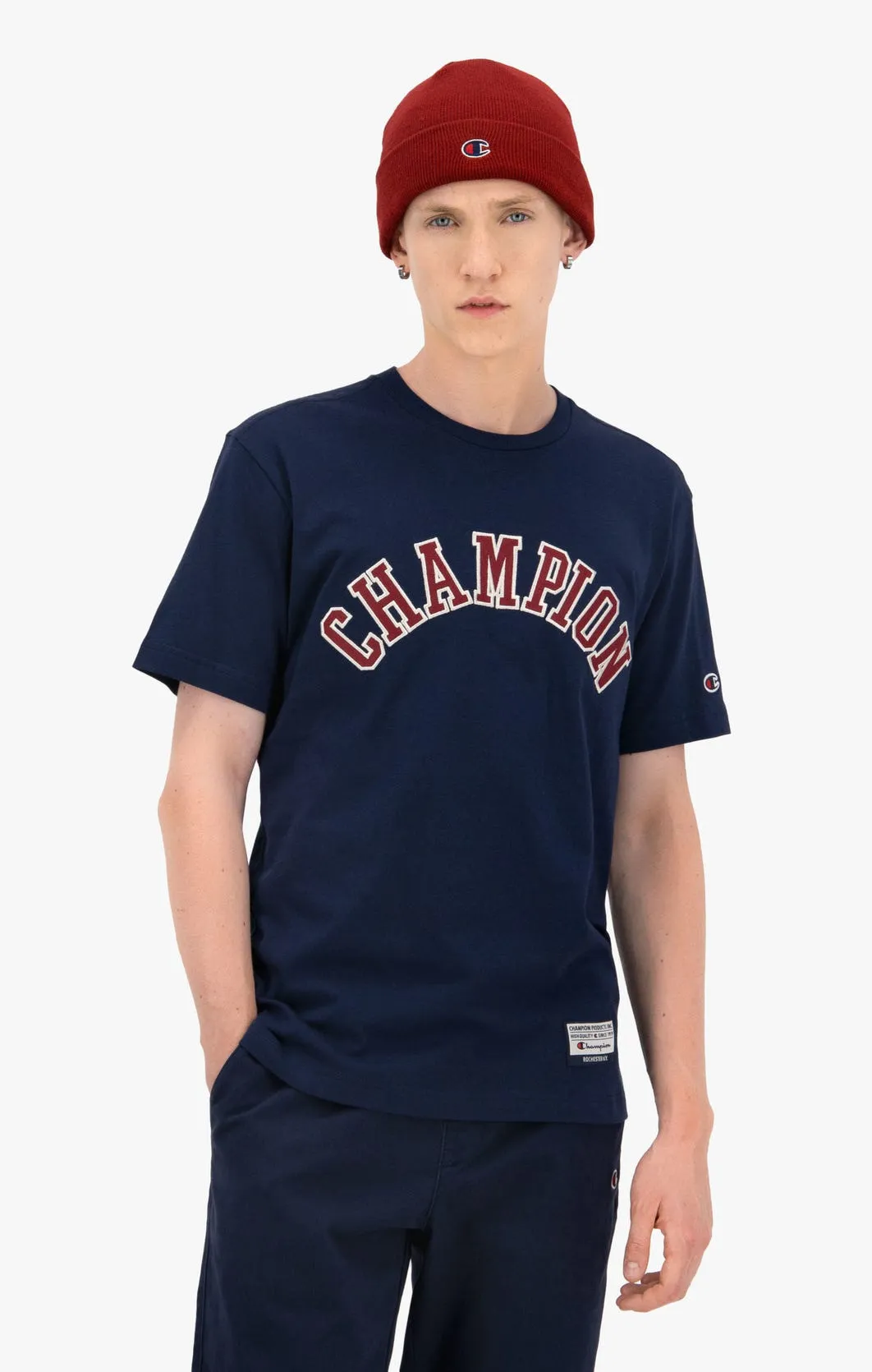 CAMISETA CHAMPION HOMBRE MANGA CORTA COLLEGIATE LOGO ORGANIC COTTON TSHIRT DARK BLUE REF. 216575 AZUL LOGO PECHO