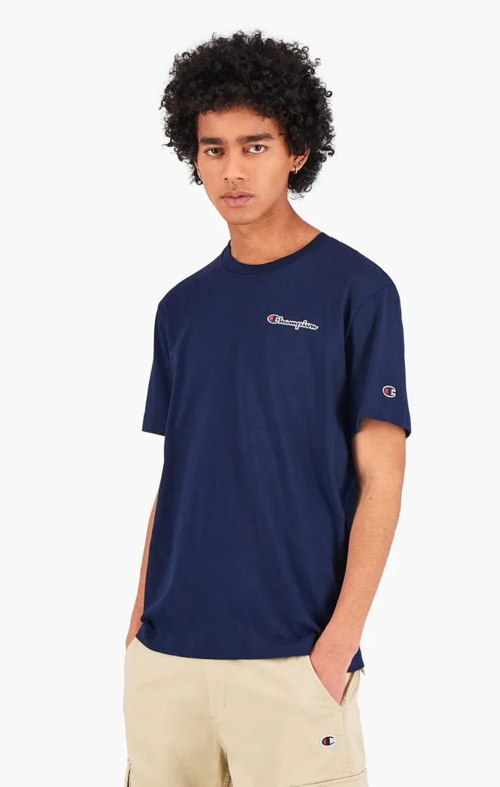 CAMISETA CHAMPION HOMBRE MANGA CORTA  CUELLO REDONDO SMALL SCRIPT LOGO TSHIRT DARK TURQUOISE REF. 215940 AZUL MARINO