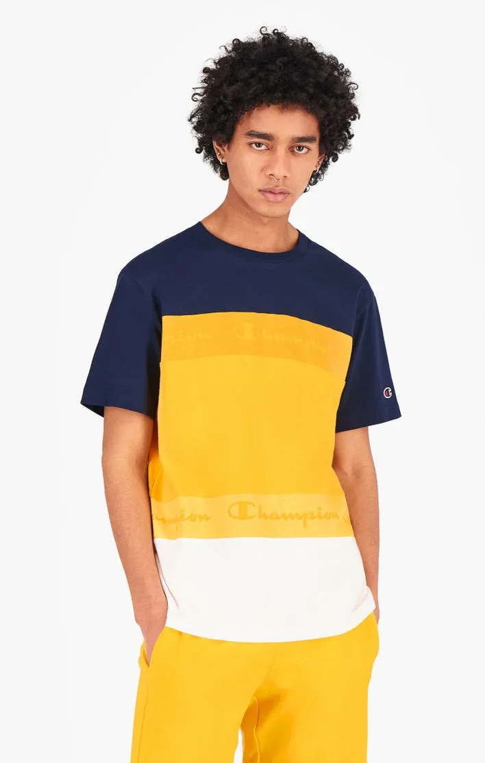 CAMISETA CHAMPION HOMBRE MANGA CORTA CUELLO REDONDO TOMBRÉ STRIPE TSHIRT BUTTERCUP YELLOW REF. 215948 AMARILLO/MARINO/BLANCO