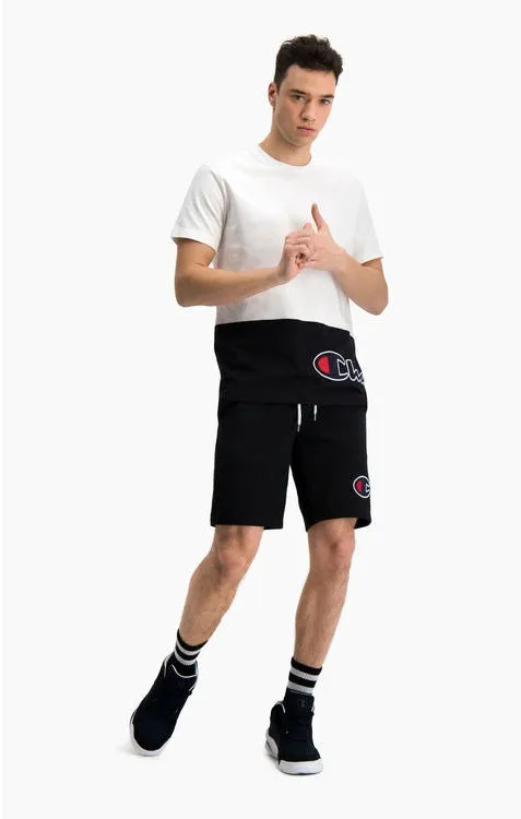 Camiseta CHAMPION manga corta Hombre COLOUR BLOCK WRAPAROUND LOGO Ref. 214208 blanca y azul logo parte inferior bordado