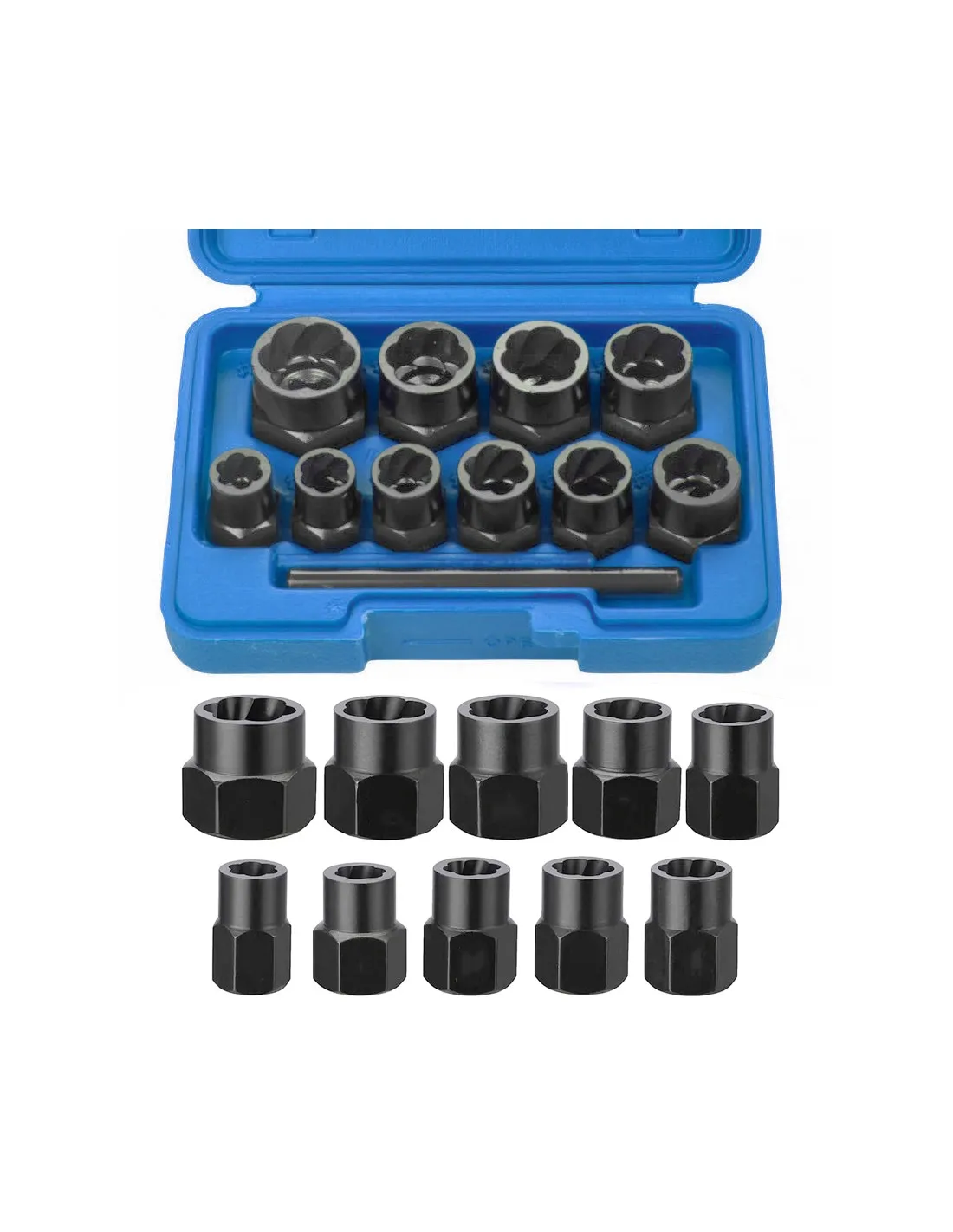 Juego de vasos para quitar tuercas y tornillos dañados, redondos, oxidados y tornillos antirrobo (Vasos Twist), 11 piezas