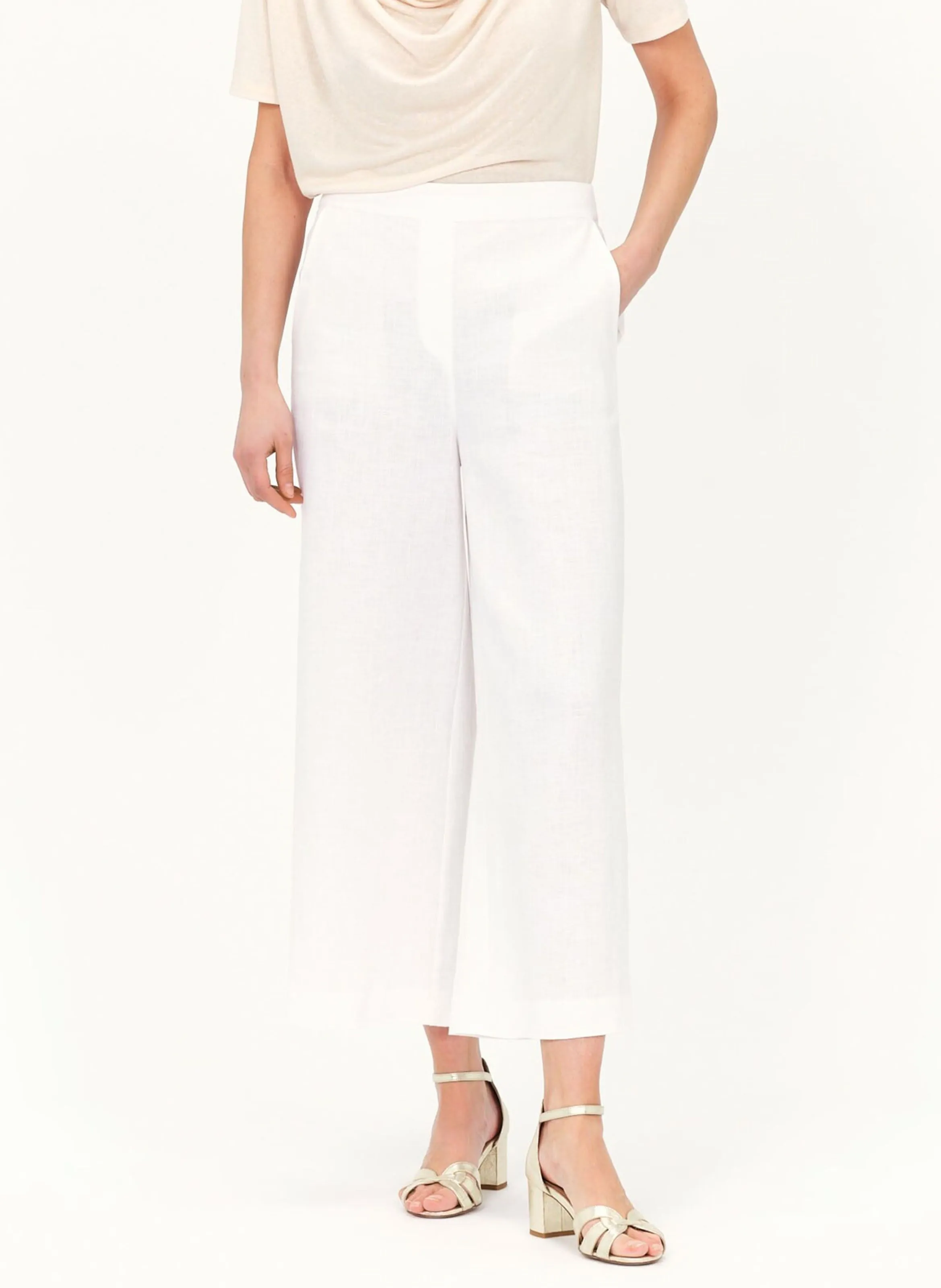 PANDI  PANTALóN ANCHO DE LINO DE TALLE ALTO EN BLANCO