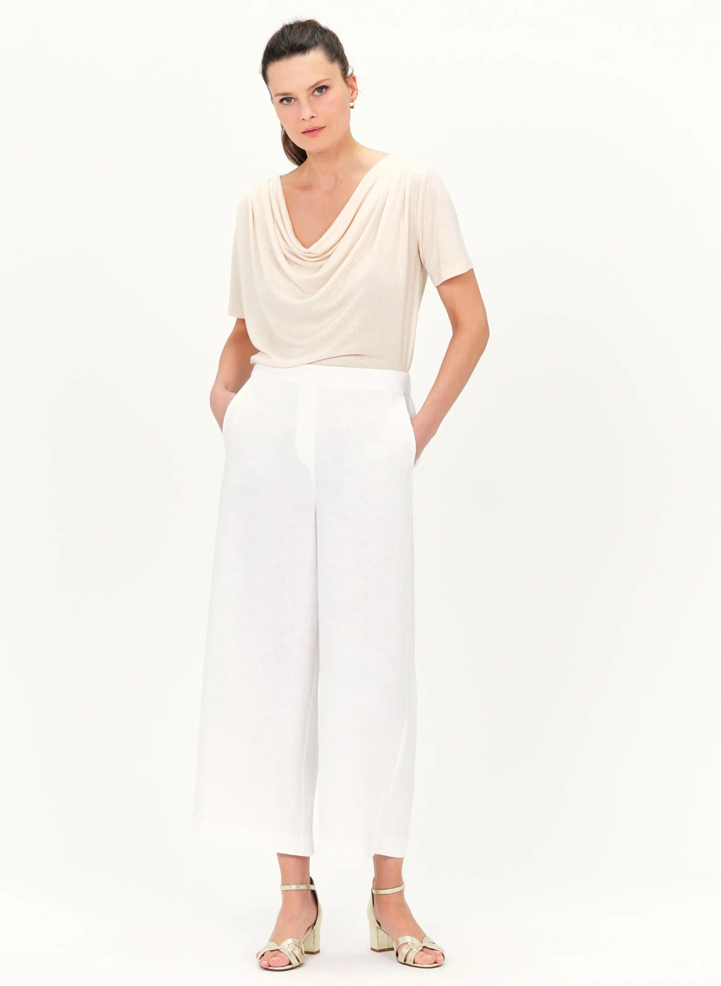 PANDI  PANTALóN ANCHO DE LINO DE TALLE ALTO EN BLANCO