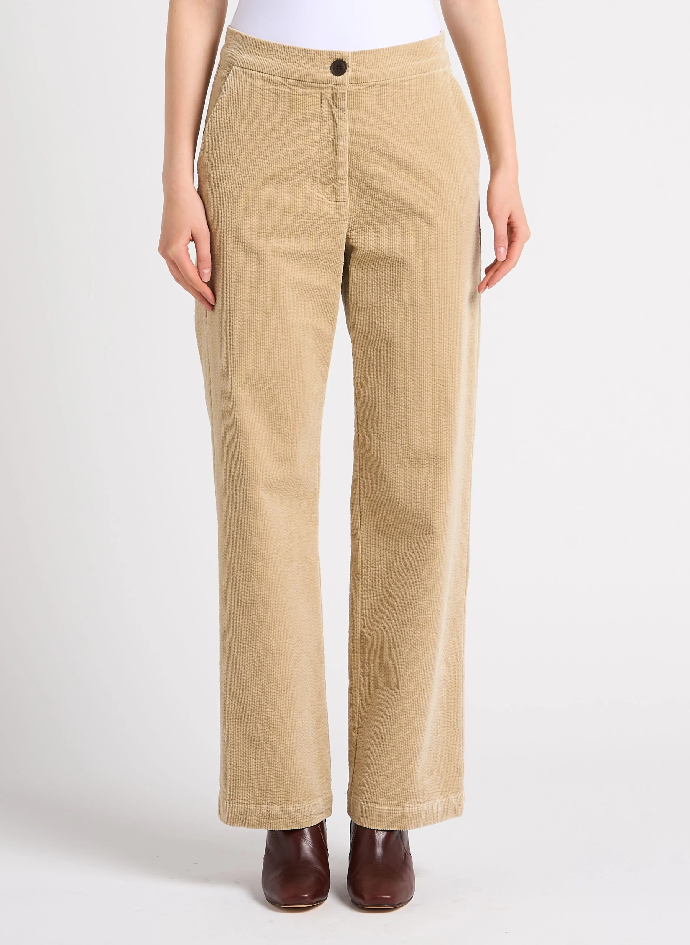 Pantalón recto de algodón mezclado en beige