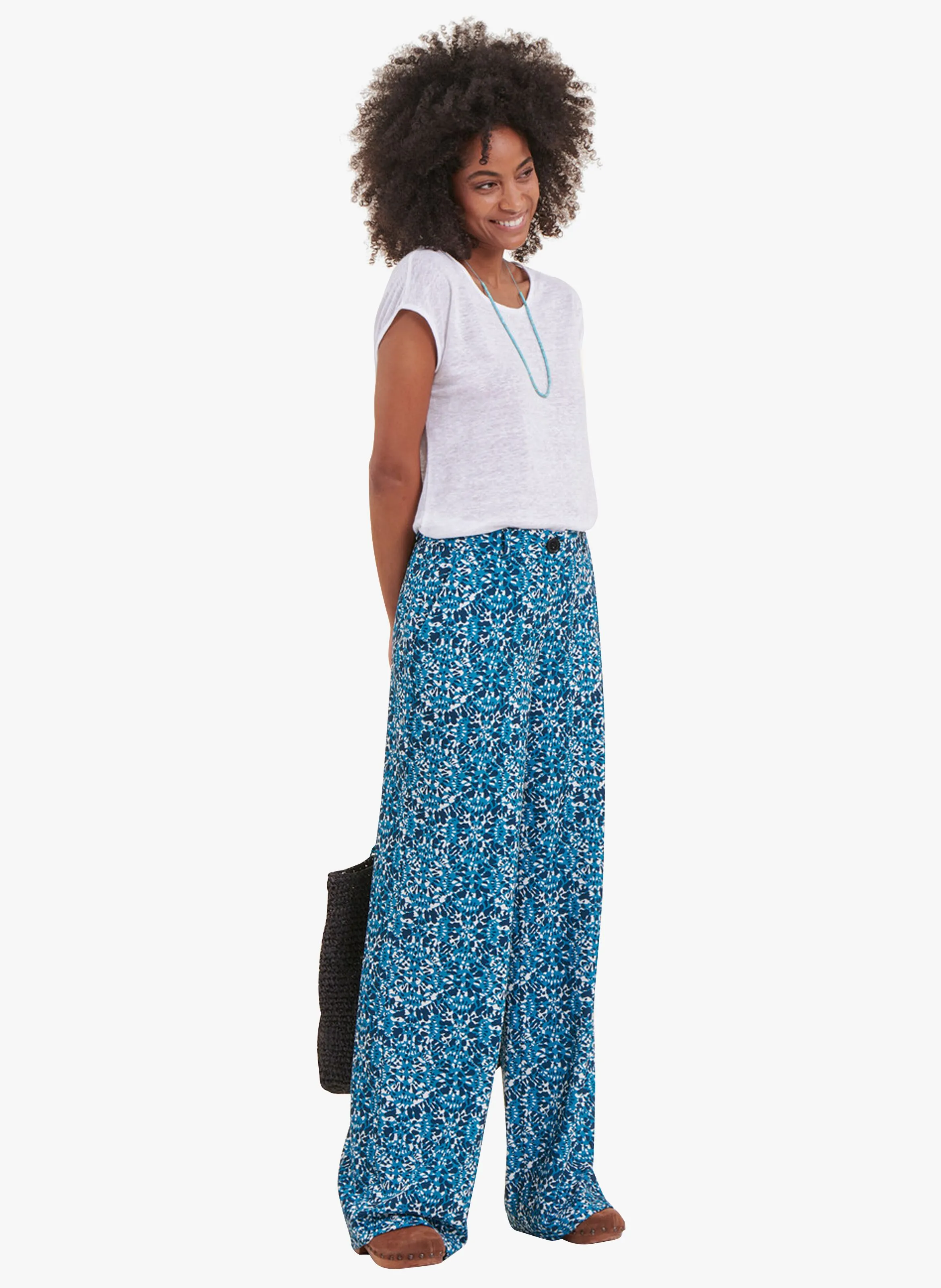 Pantalón recto estampado de talle alto en azul