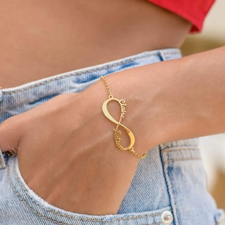 Pulseras de plata infinito personalizada bañada en oro