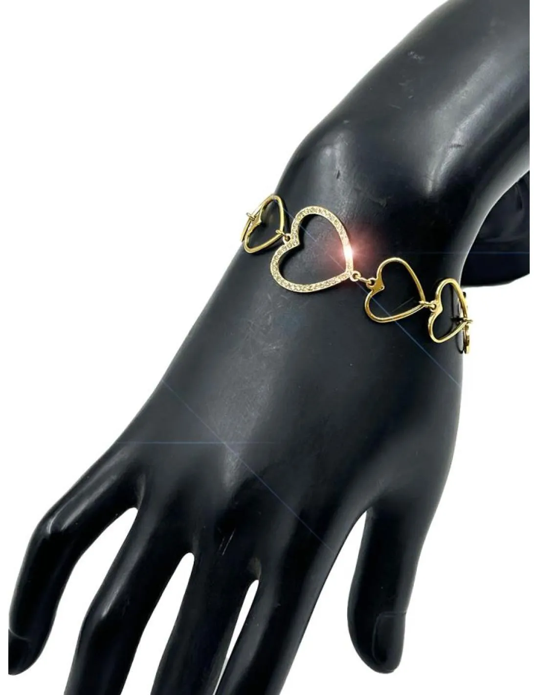 PULSERAS DORADAS CON ESLABONES DE CORAZONES Y CIRCONITAS