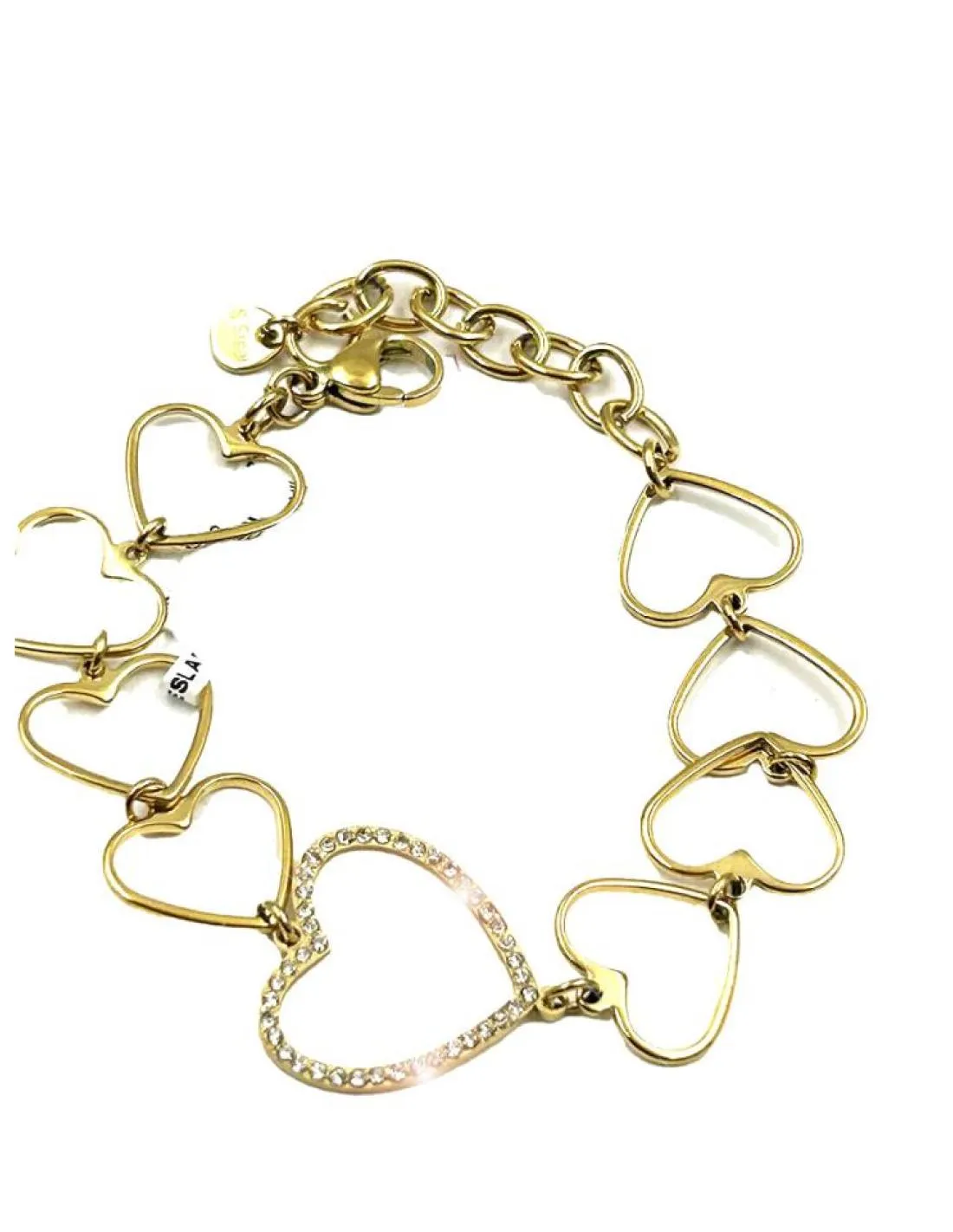 PULSERAS DORADAS CON ESLABONES DE CORAZONES Y CIRCONITAS