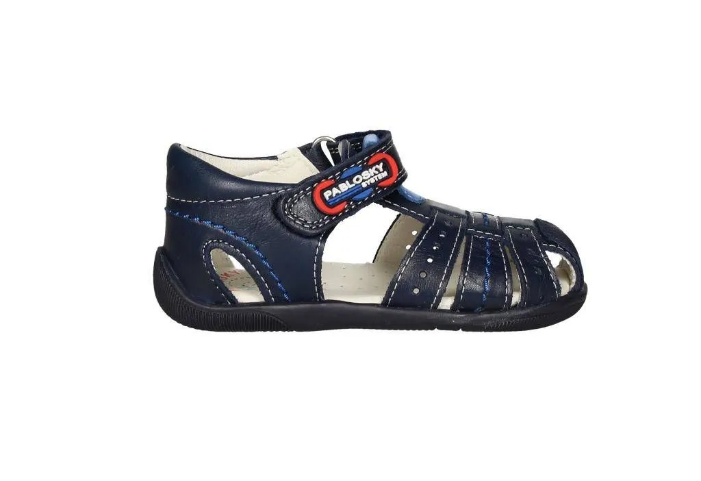 Sandalia Cubierta Piel Azul Velcro Pespuntes Azulones