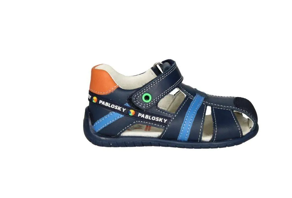 Sandalia Cubierta Piel Azul Velcro Talon Naranja