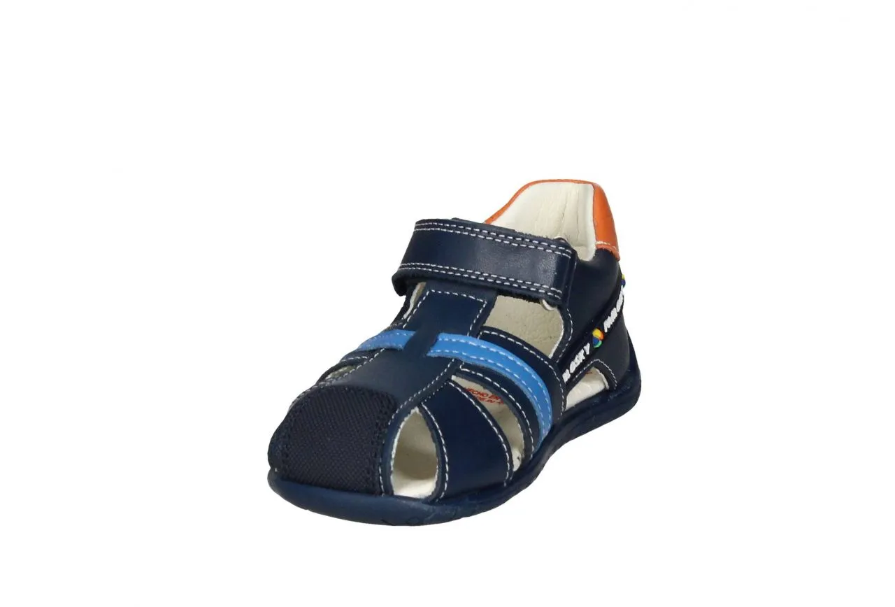 Sandalia Cubierta Piel Azul Velcro Talon Naranja