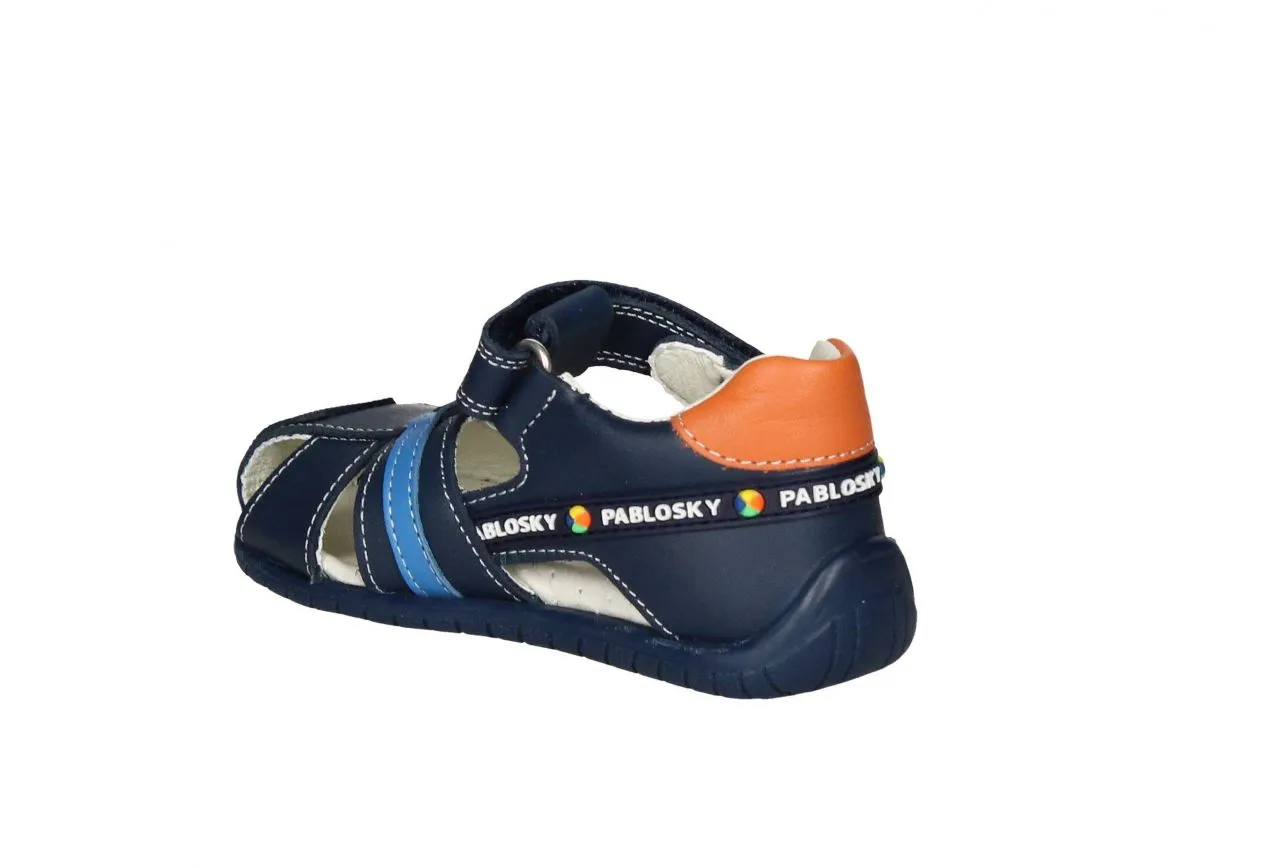 Sandalia Cubierta Piel Azul Velcro Talon Naranja