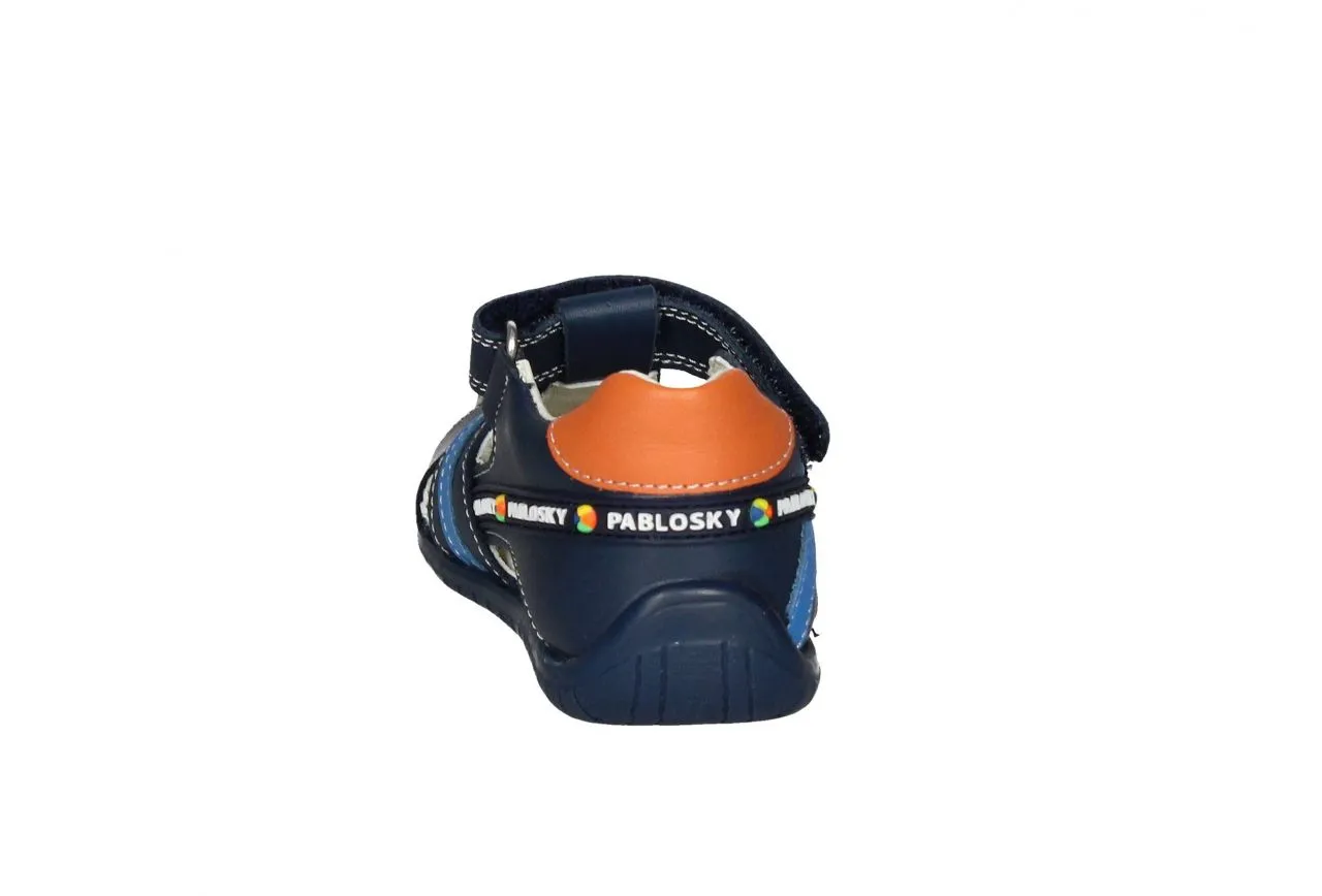 Sandalia Cubierta Piel Azul Velcro Talon Naranja