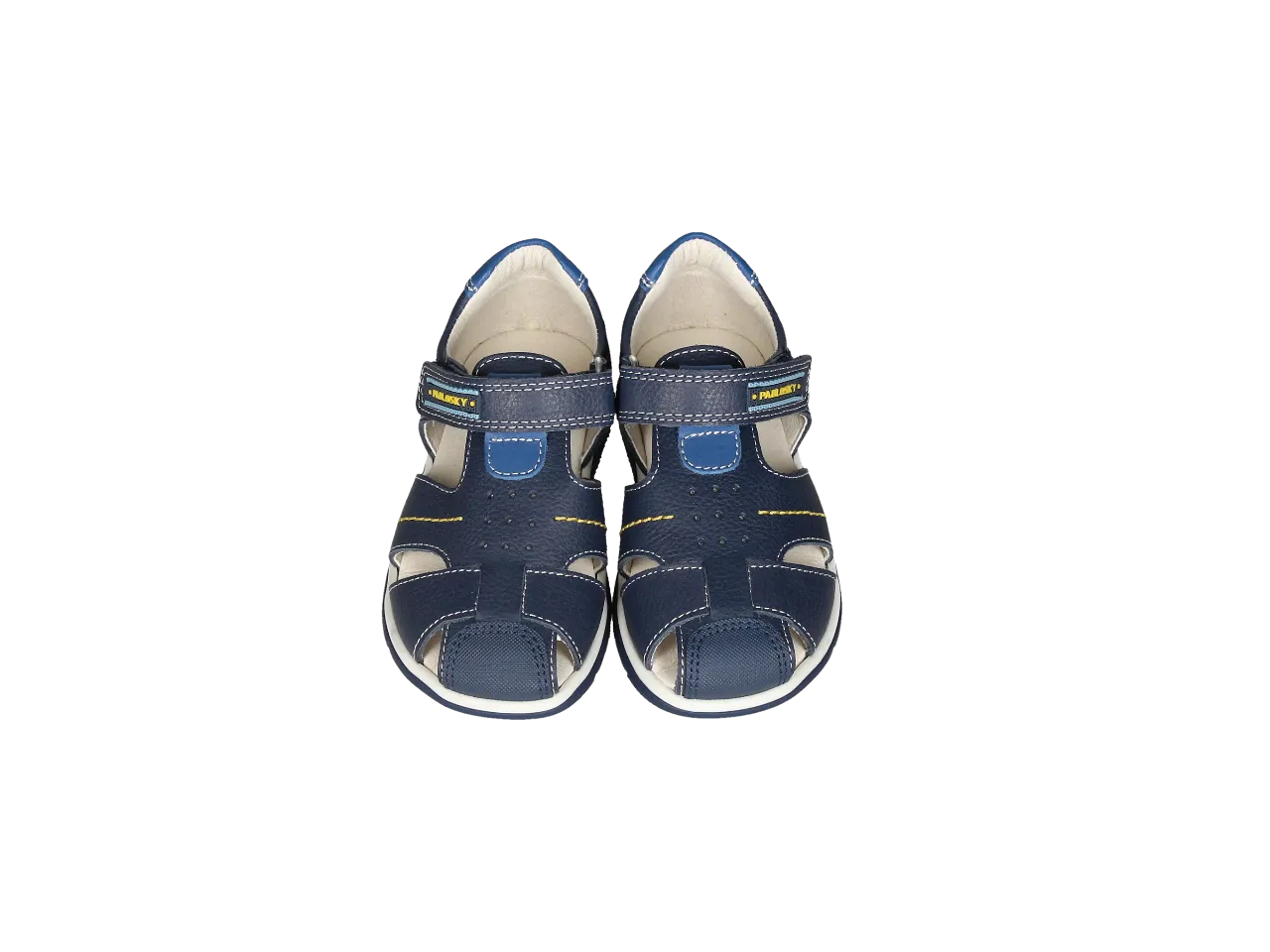 Sandalia Cubierta Piel Velcro Azul Pespuntes Amarillo