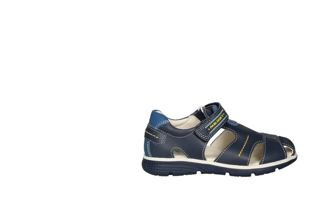 Sandalia Cubierta Piel Velcro Azul Pespuntes Amarillo
