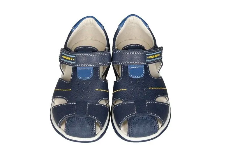 Sandalia Cubierta Piel Velcro Azul Pespuntes Amarillo