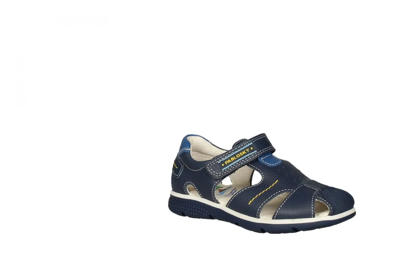 Sandalia Cubierta Piel Velcro Azul Pespuntes Amarillo