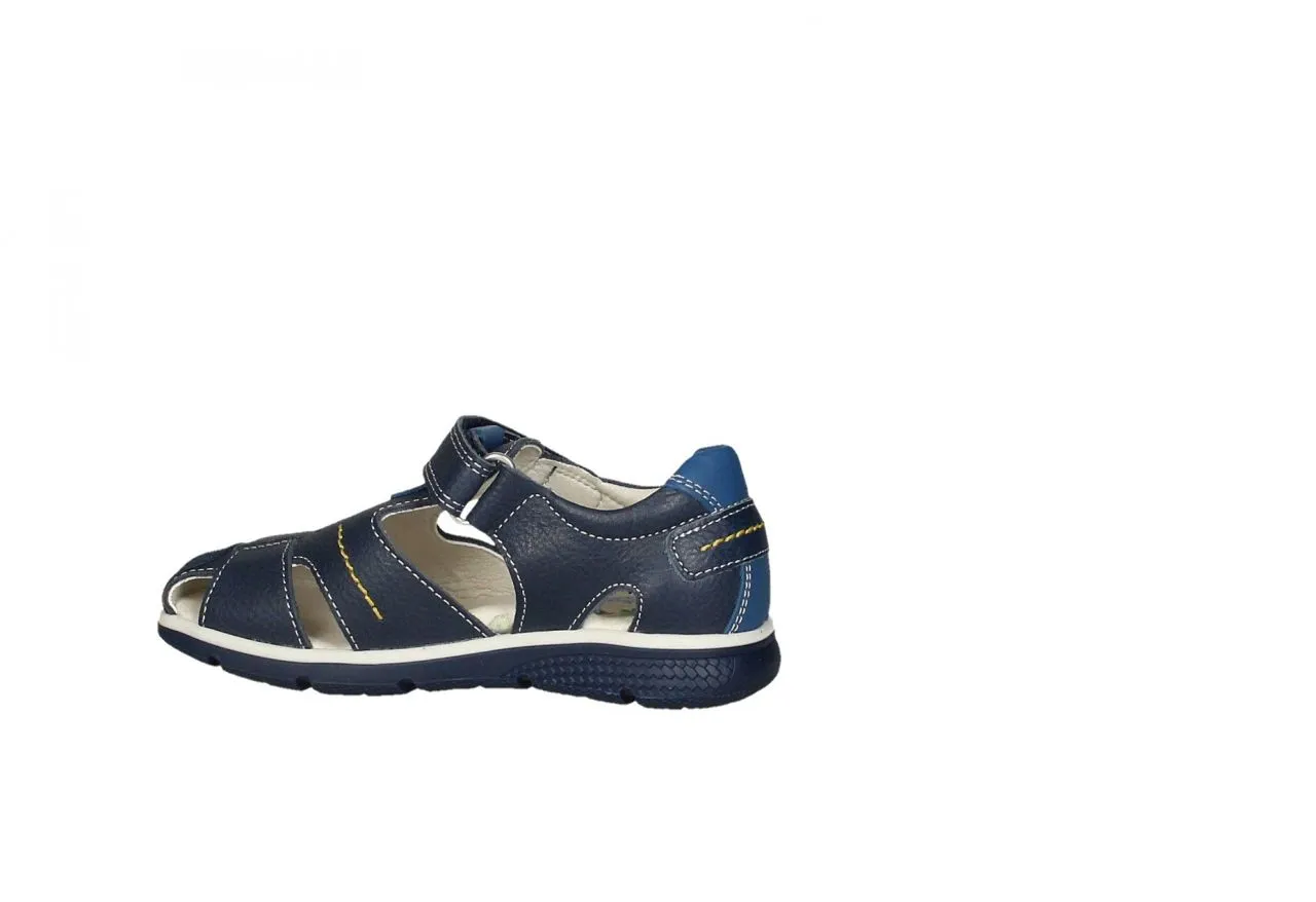 Sandalia Cubierta Piel Velcro Azul Pespuntes Amarillo