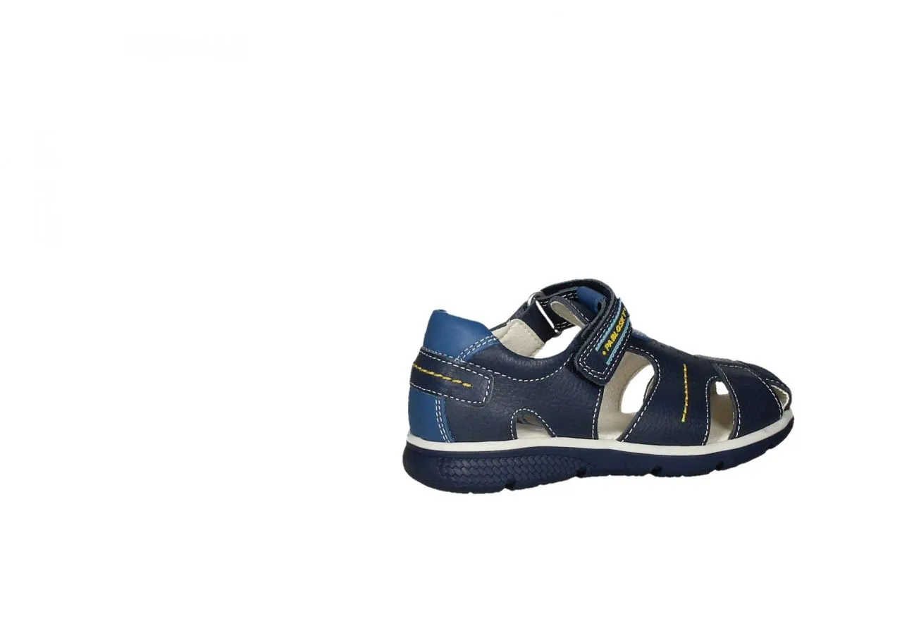 Sandalia Cubierta Piel Velcro Azul Pespuntes Amarillo