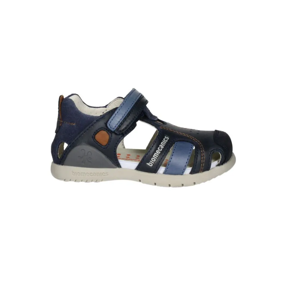 Sandalia Cubierta Velcro Piel Azul Pespuntes Cuero
