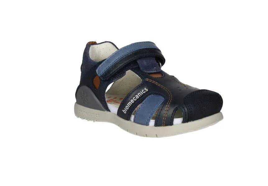 Sandalia Cubierta Velcro Piel Azul Pespuntes Cuero