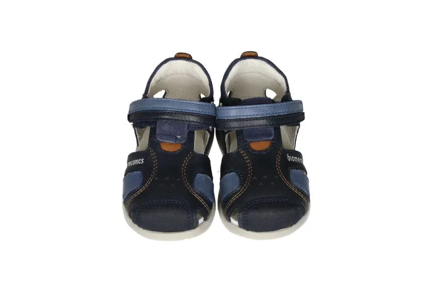 Sandalia Cubierta Velcro Piel Azul Pespuntes Cuero