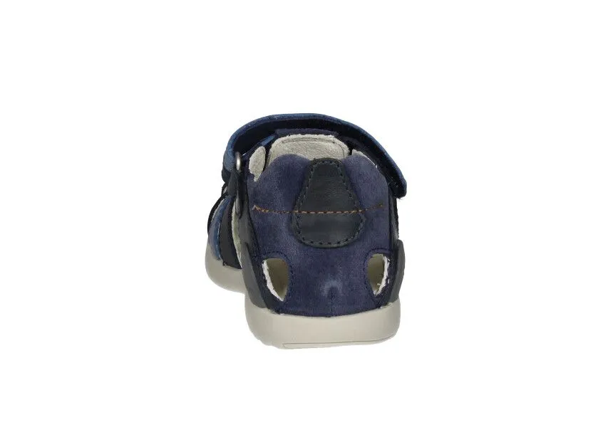 Sandalia Cubierta Velcro Piel Azul Pespuntes Cuero