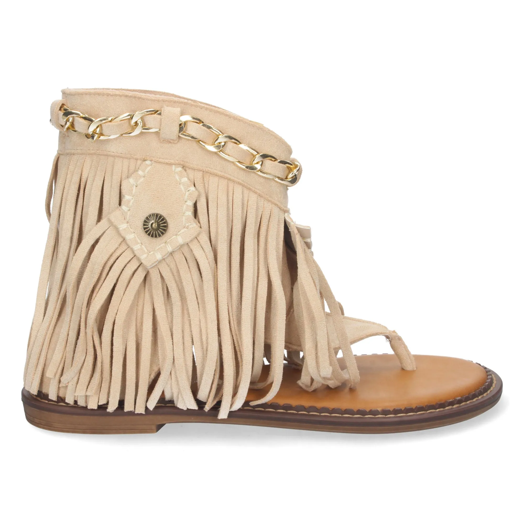 Sandalia esclava flecos y cadena mujer color beige