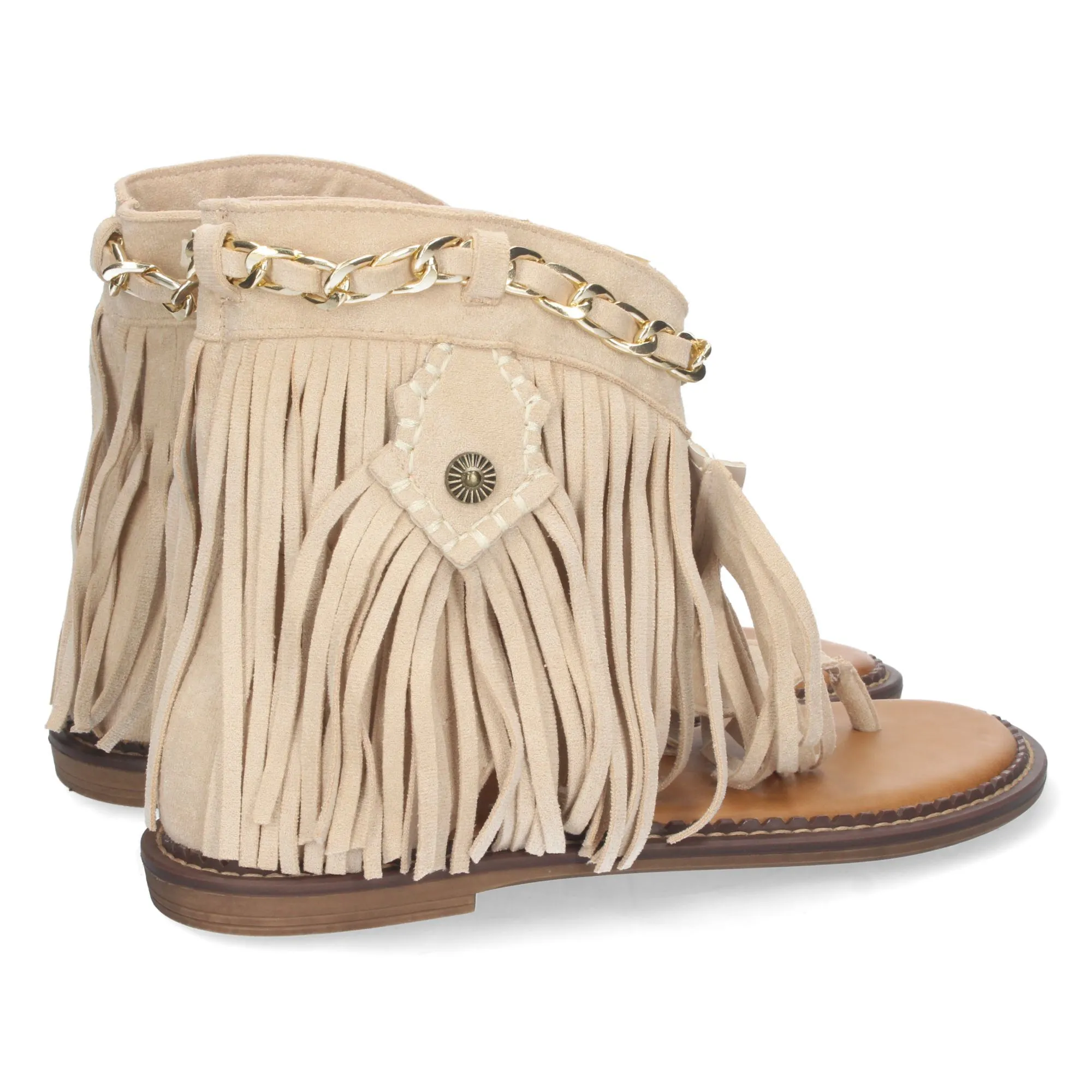 Sandalia esclava flecos y cadena mujer color beige