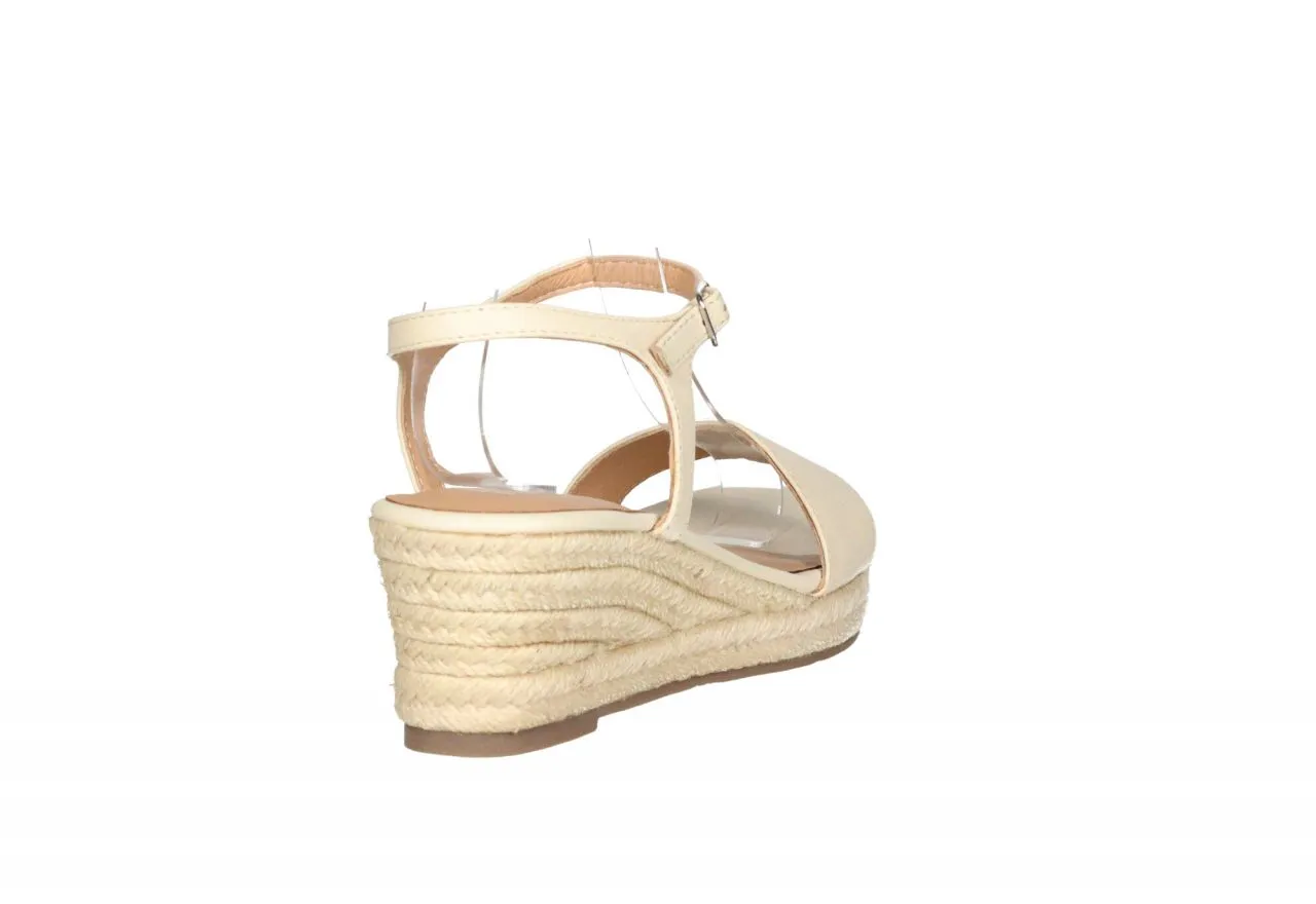 Sandalia Piel Beige CuÑa Baja Esparto Piso Goma