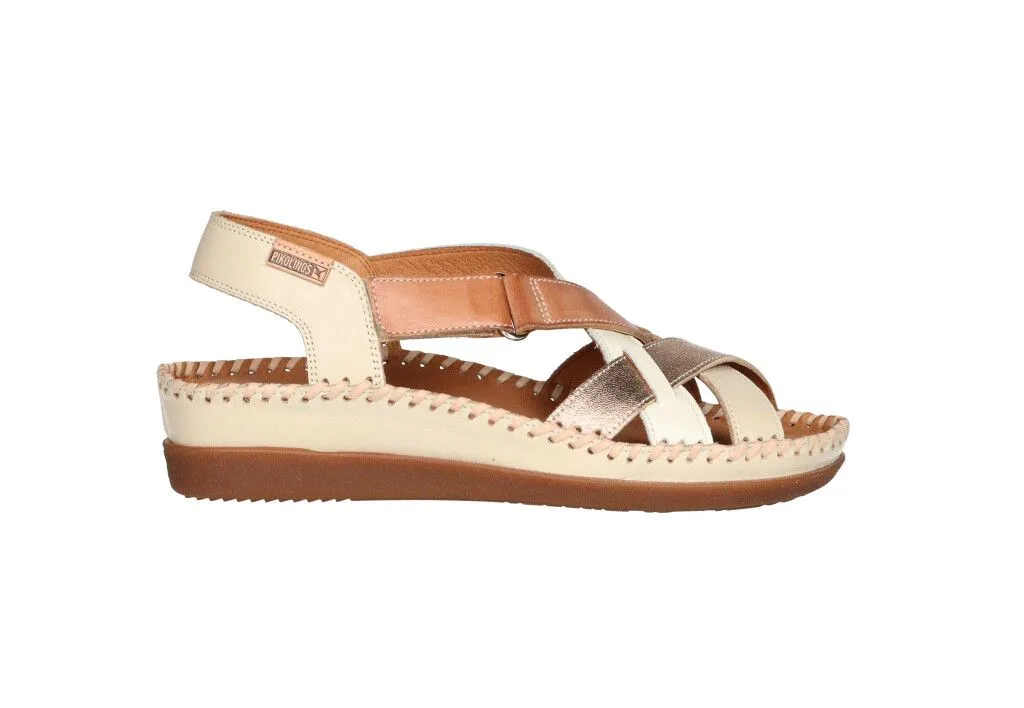 Sandalia Piel Beige Tiras Cruzadas Cuero/champagne Velcro