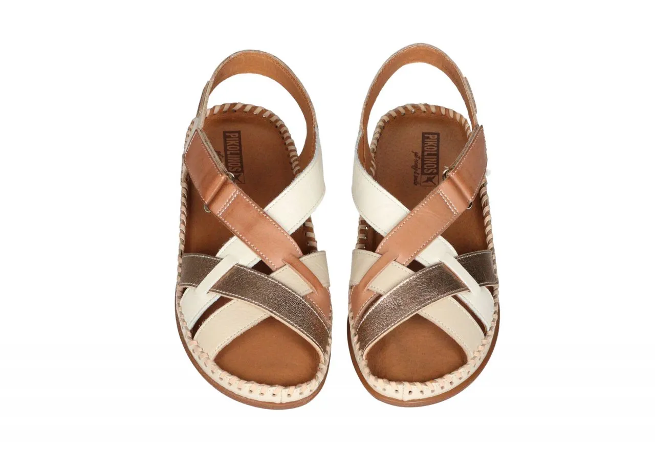 Sandalia Piel Beige Tiras Cruzadas Cuero/champagne Velcro