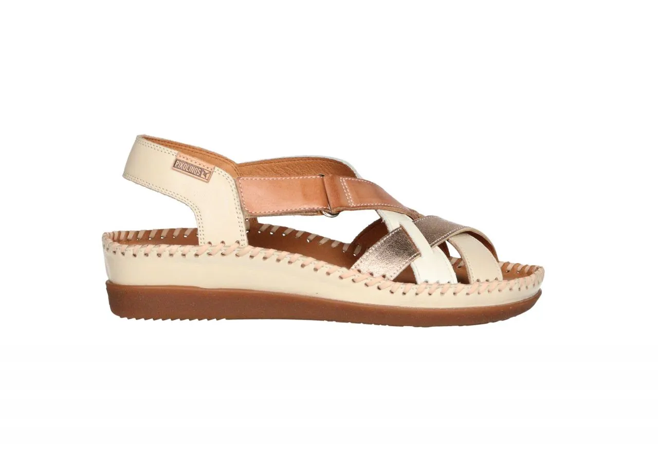 Sandalia Piel Beige Tiras Cruzadas Cuero/champagne Velcro