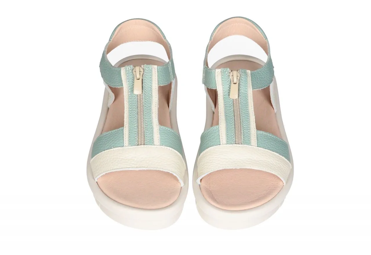SANDALIA PIEL VERDEBEIGE CREMALLERA CENTRAL PISO BLANCO