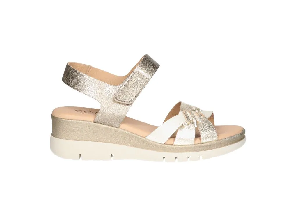 Sandalia Velcro Piel Pala Oro/beige CuÑa Baja