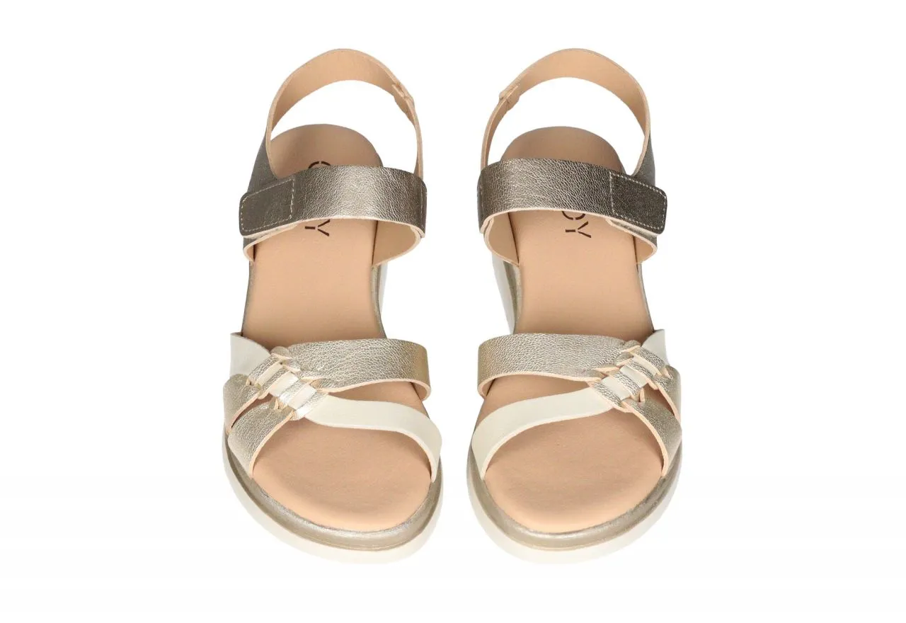 Sandalia Velcro Piel Pala Oro/beige CuÑa Baja