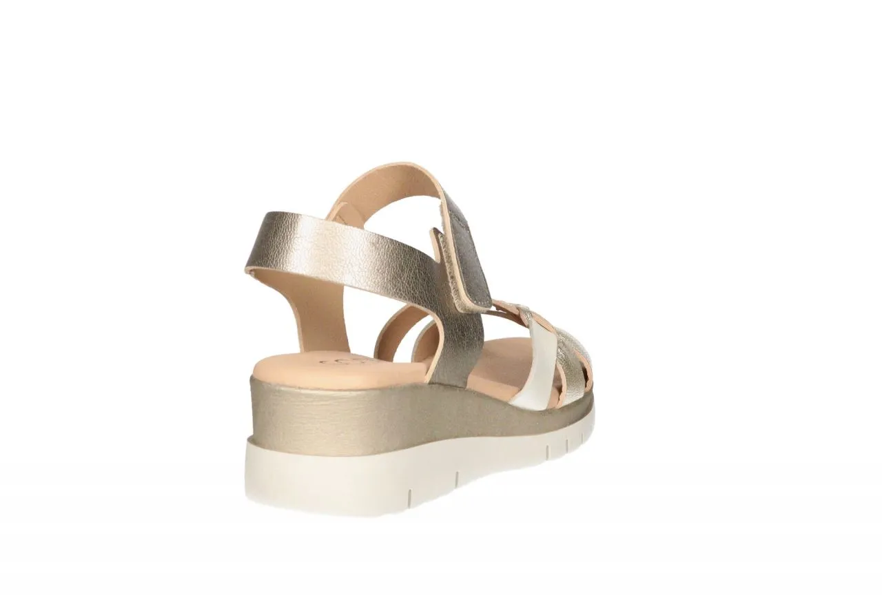 Sandalia Velcro Piel Pala Oro/beige CuÑa Baja