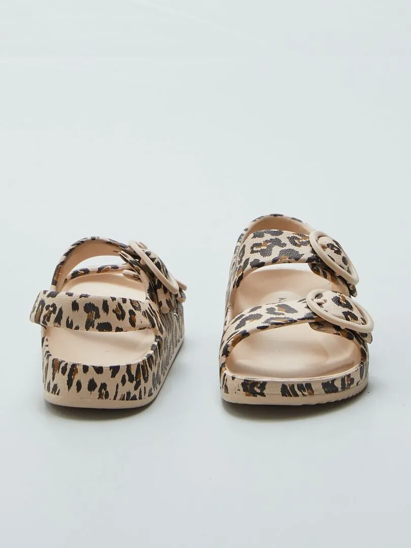 SANDALIAS CON DOBLE TIRA ESTAMPADAS  BEIGE