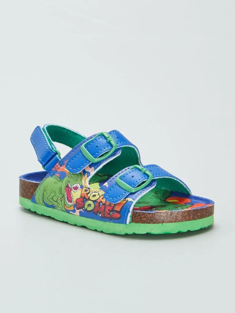 SANDALIAS CON DOS HEBILLAS ESTAMPADO DINOSAURIO  AZUL